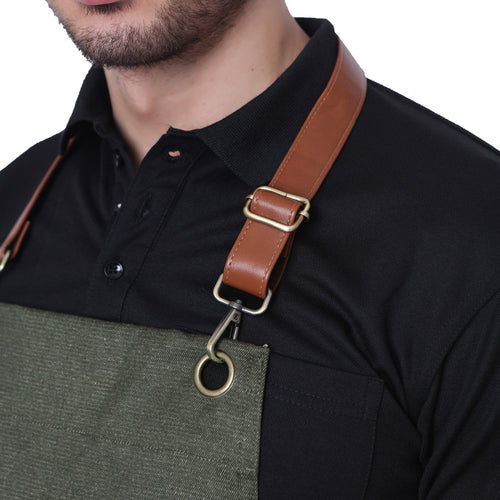 Premium Denim Apron with Leather Strap (Olive Green) - Free Embroidery - Uwears®