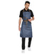 Premium denim kitchen apron classic blue and brown front view — adjustable leather strap