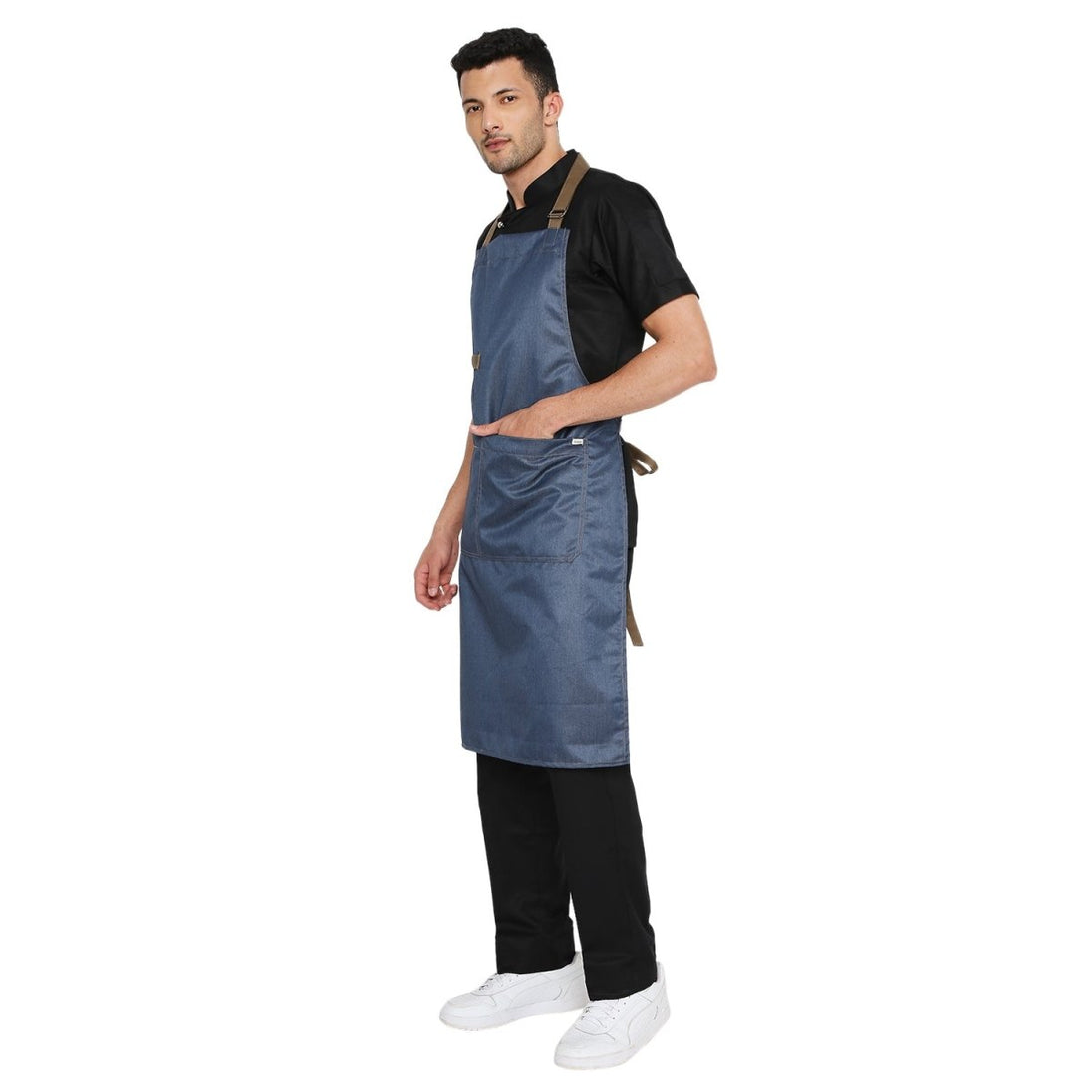 Classic blue brown denim apron back view showing waist tie