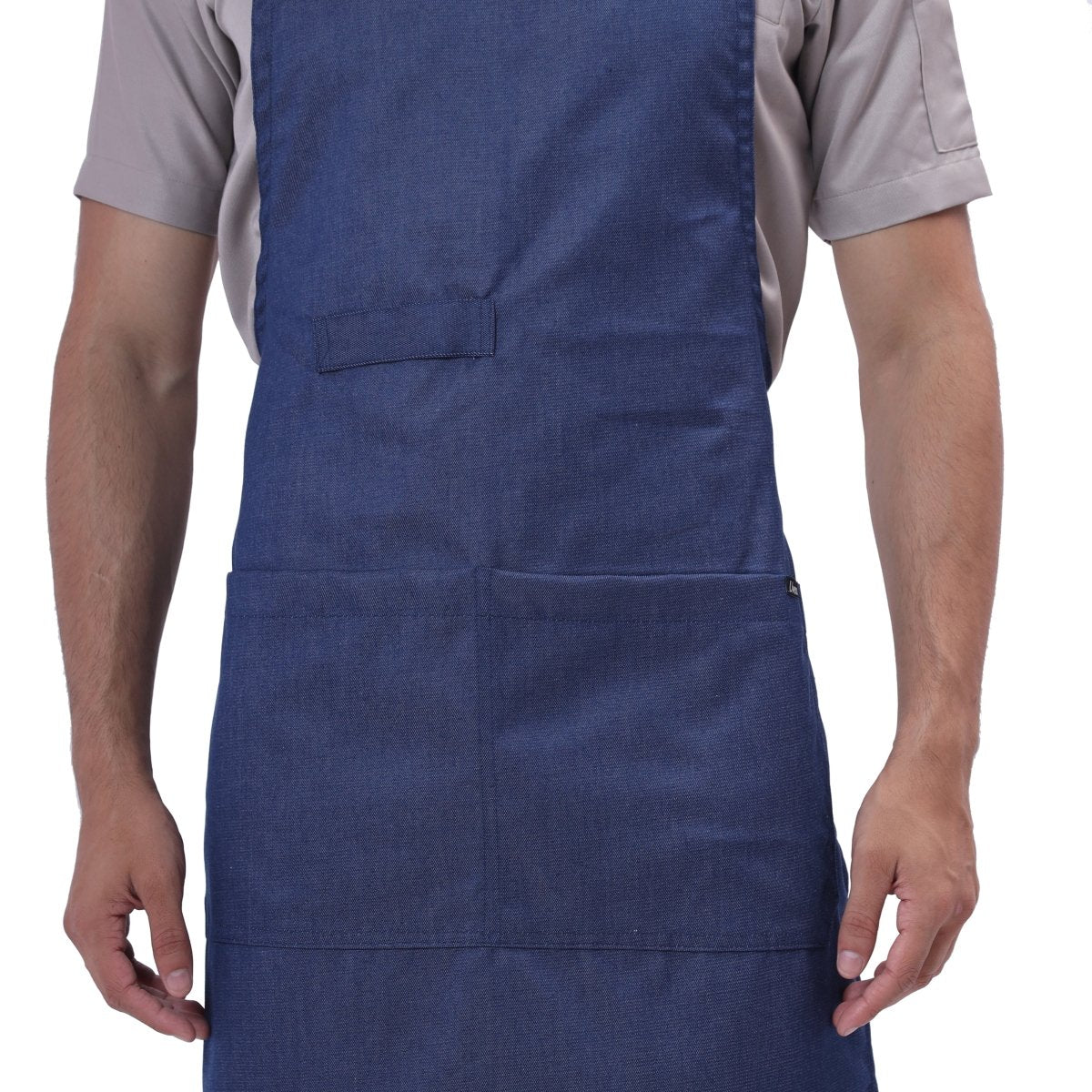 Custom logo embroidery on blue denim kitchen apron — free embroidery service