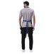 Blue denim apron front pocket detail — deep storage for kitchen tools