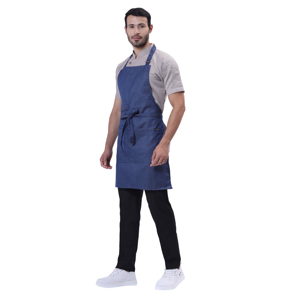 Classic blue denim kitchen apron on model — cafe and restaurant uniform India