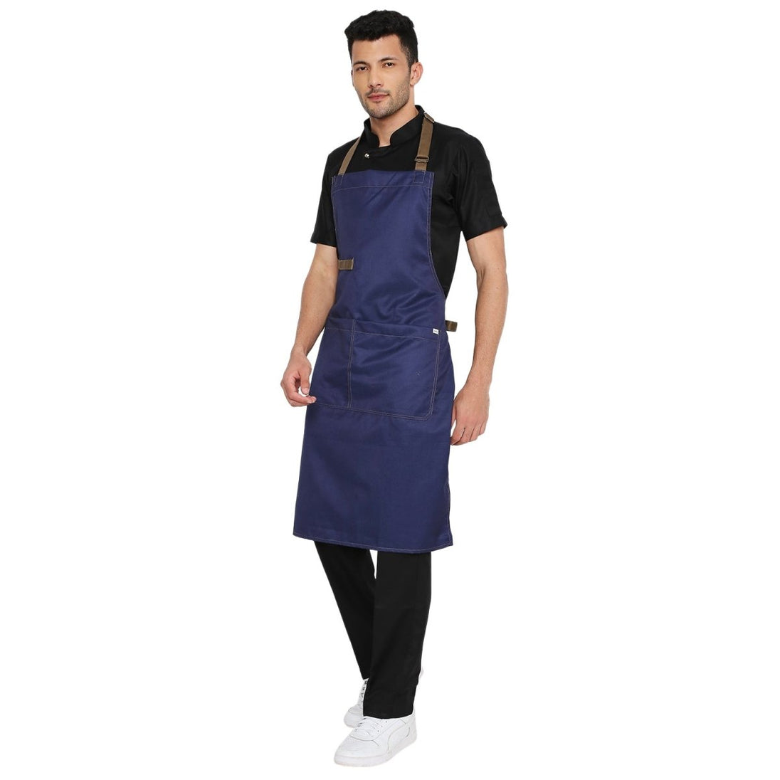 Dark denim apron front pocket detail — deep storage