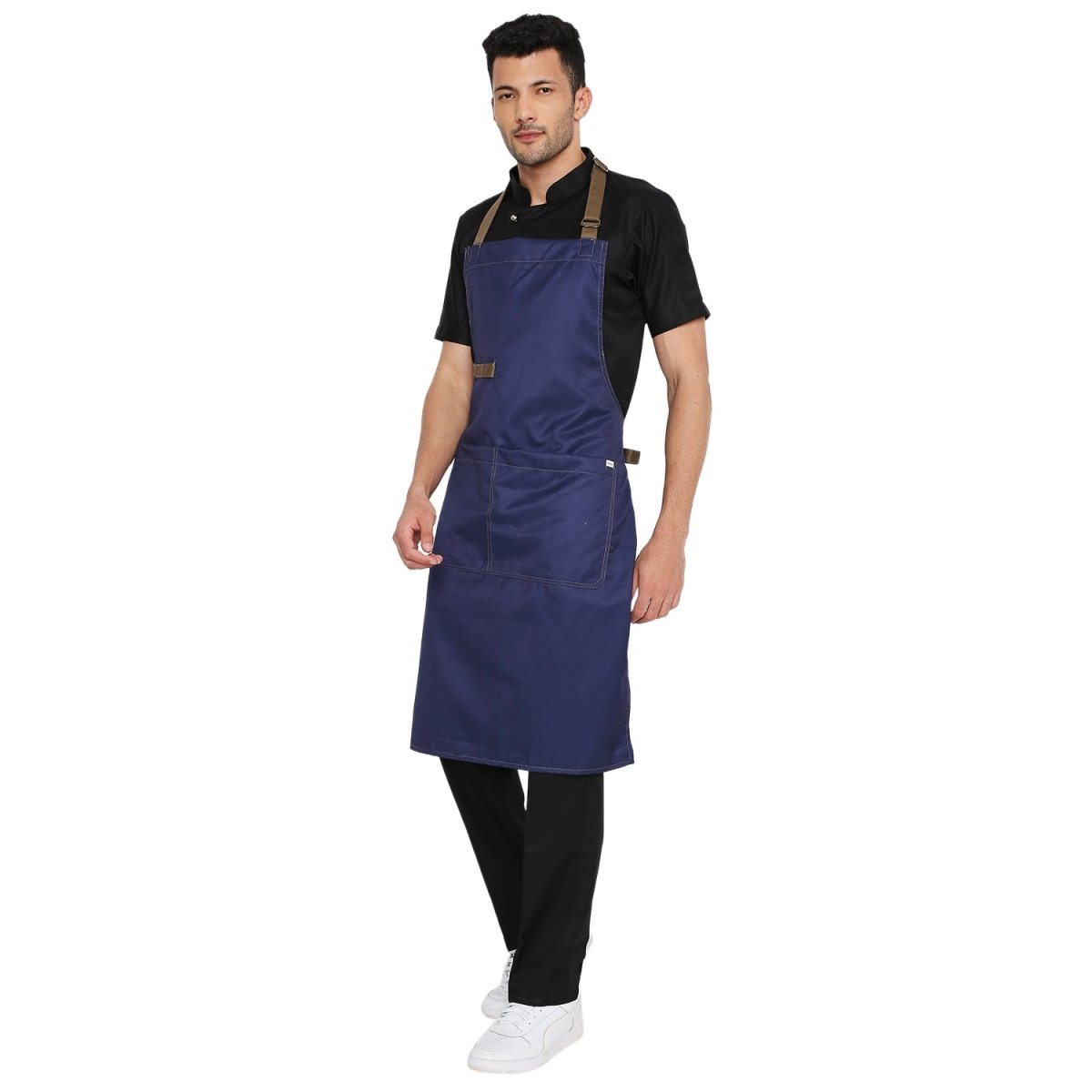 Dark denim apron front pocket detail — deep storage
