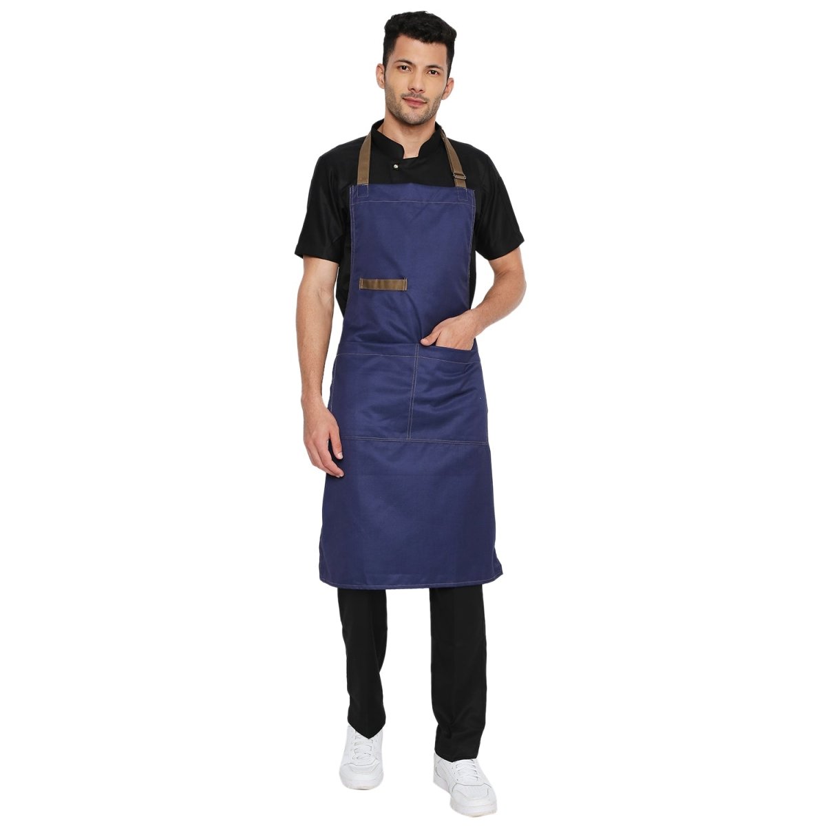 Dark blue denim apron back view showing waist tie