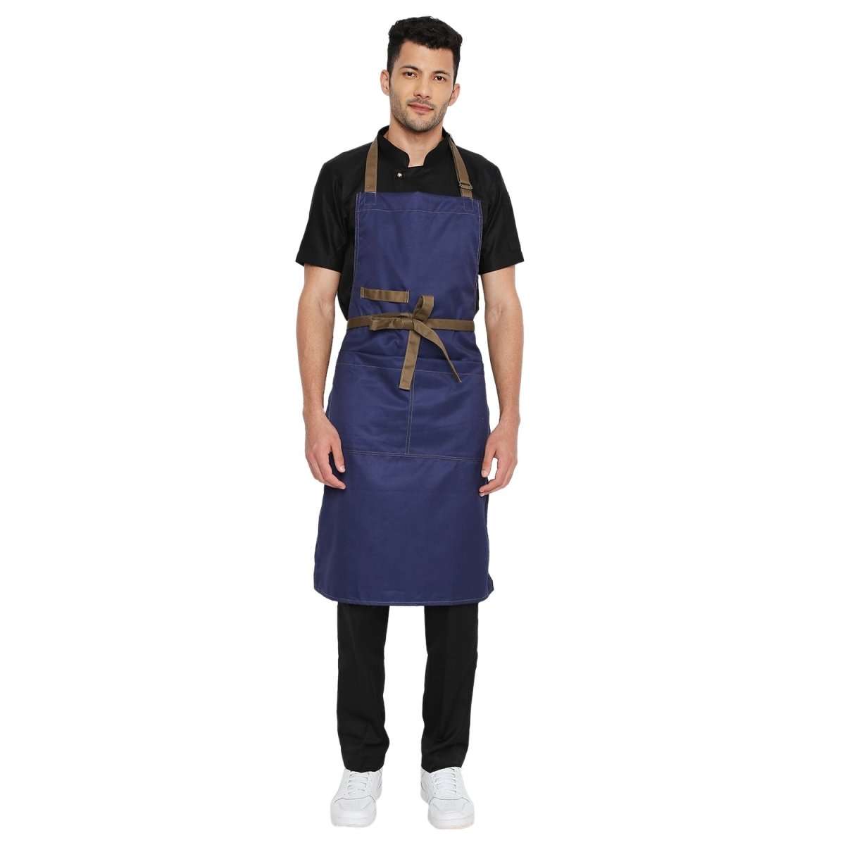 Premium dark blue brown denim kitchen apron front view — adjustable straps