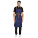 Premium dark blue brown denim kitchen apron front view — adjustable straps