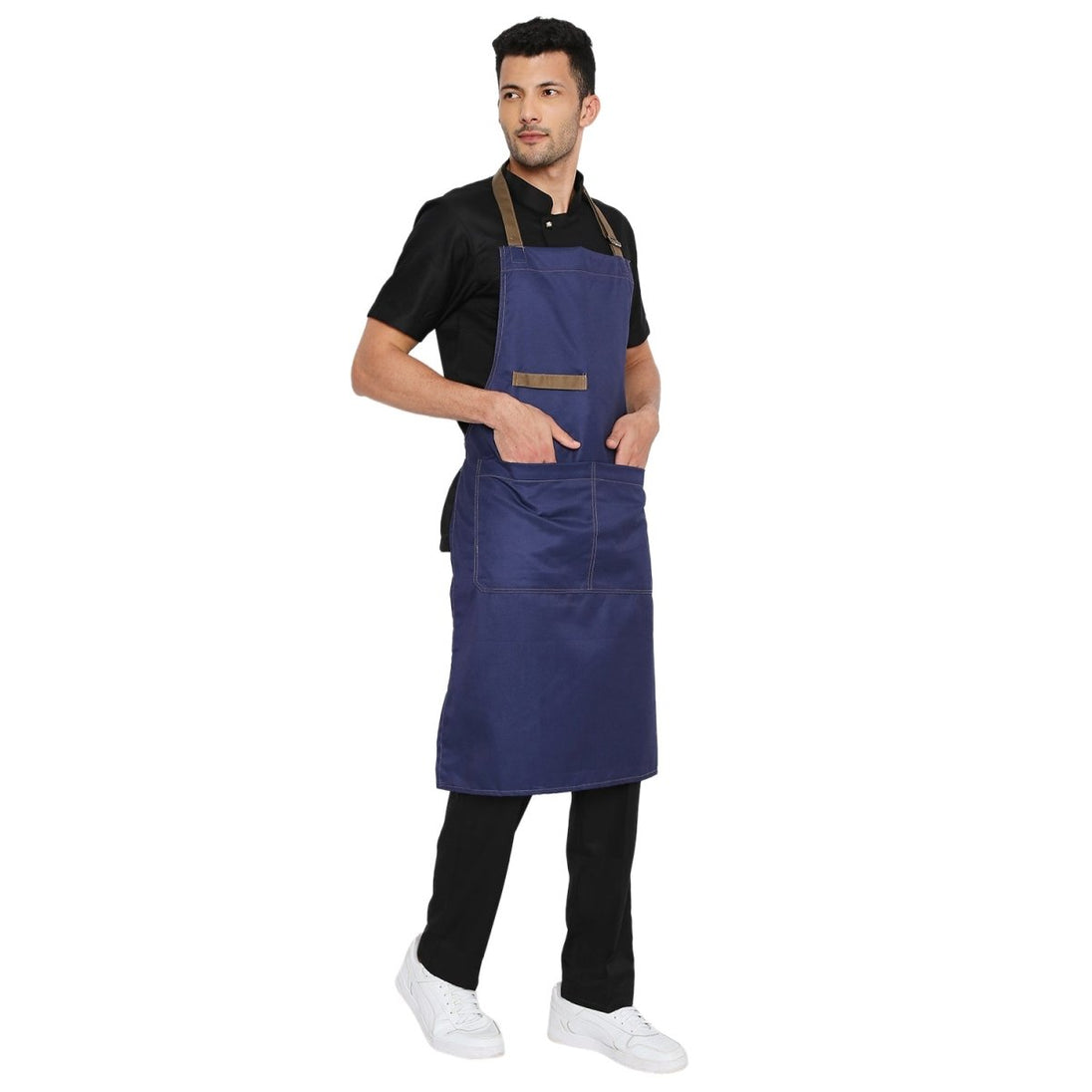 Dark blue brown denim apron on model — premium cafe and restaurant uniform