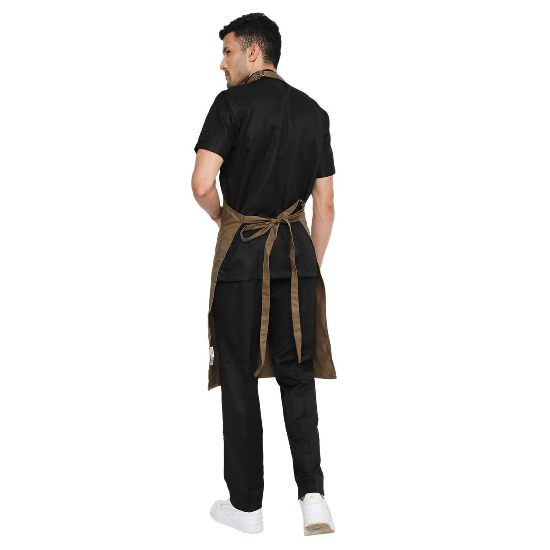 Dark blue brown denim apron flat lay — cafe and bar uniform India