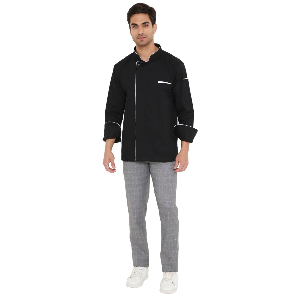 Premium Executive Full Sleeve Chef Coat (Black/White) - Free Embroidery - Uwears®