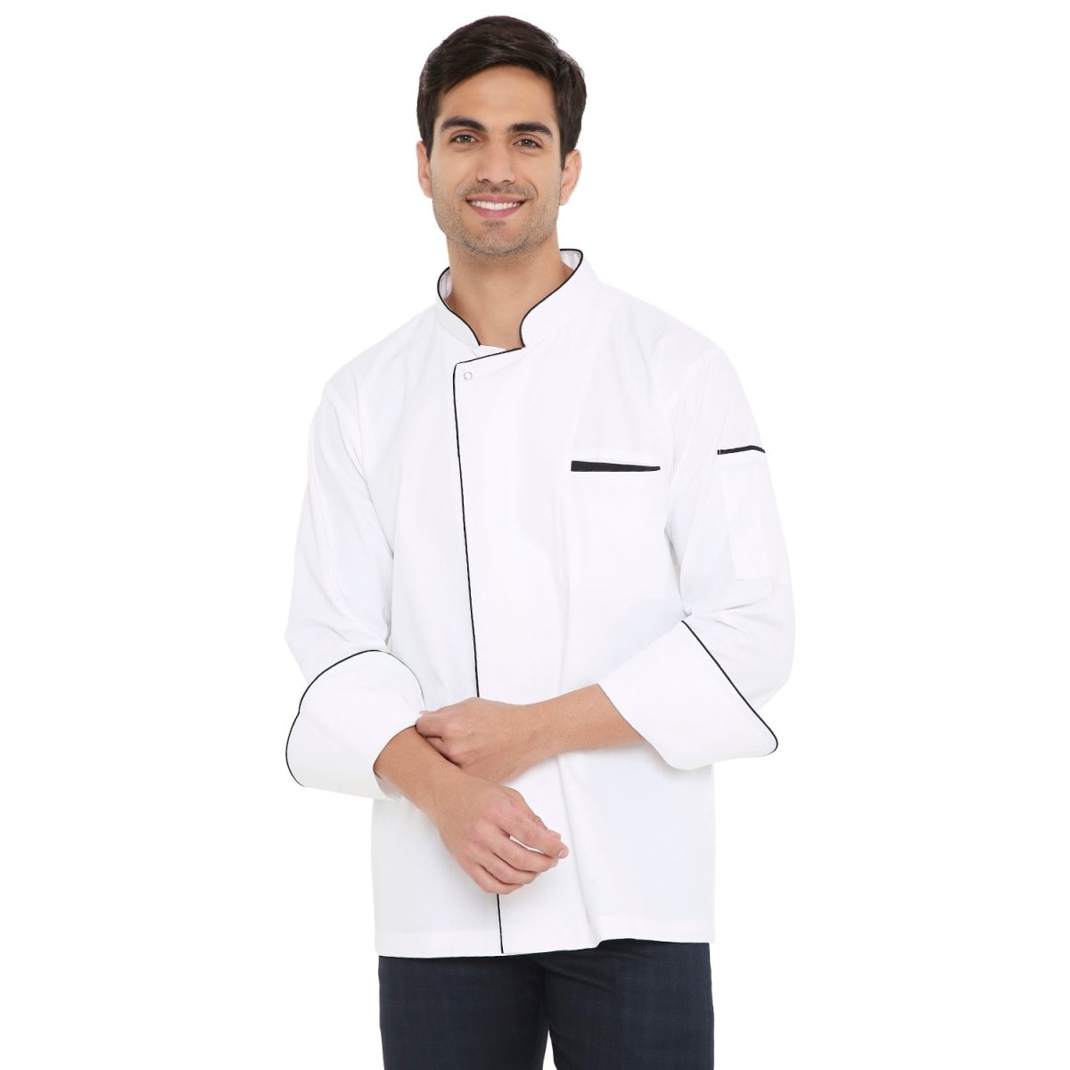 Premium Executive Full Sleeve Chef Coat (White/Black) - Free Embroidery - Uwears®