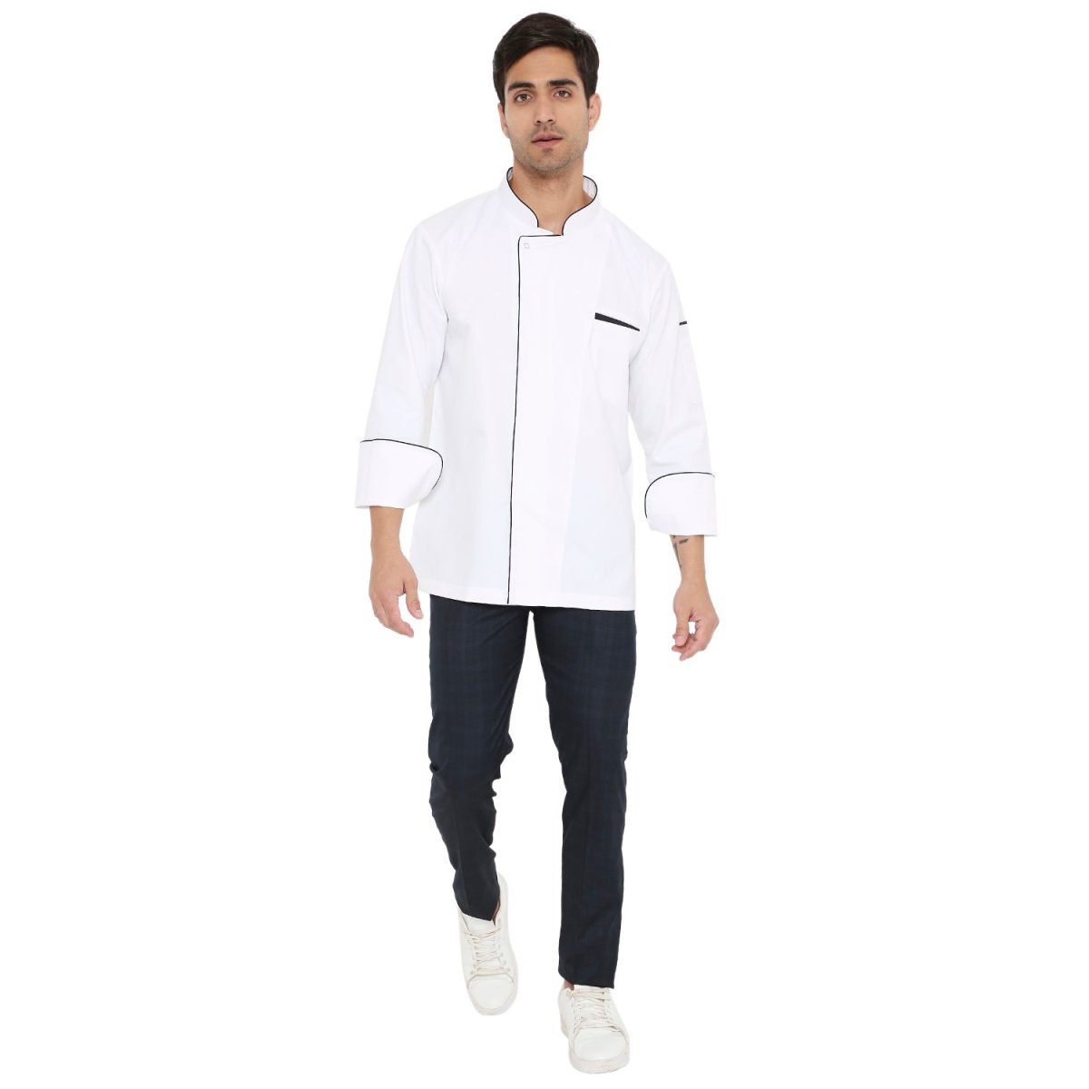 Premium Executive Full Sleeve Chef Coat (White/Black) - Free Embroidery - Uwears®
