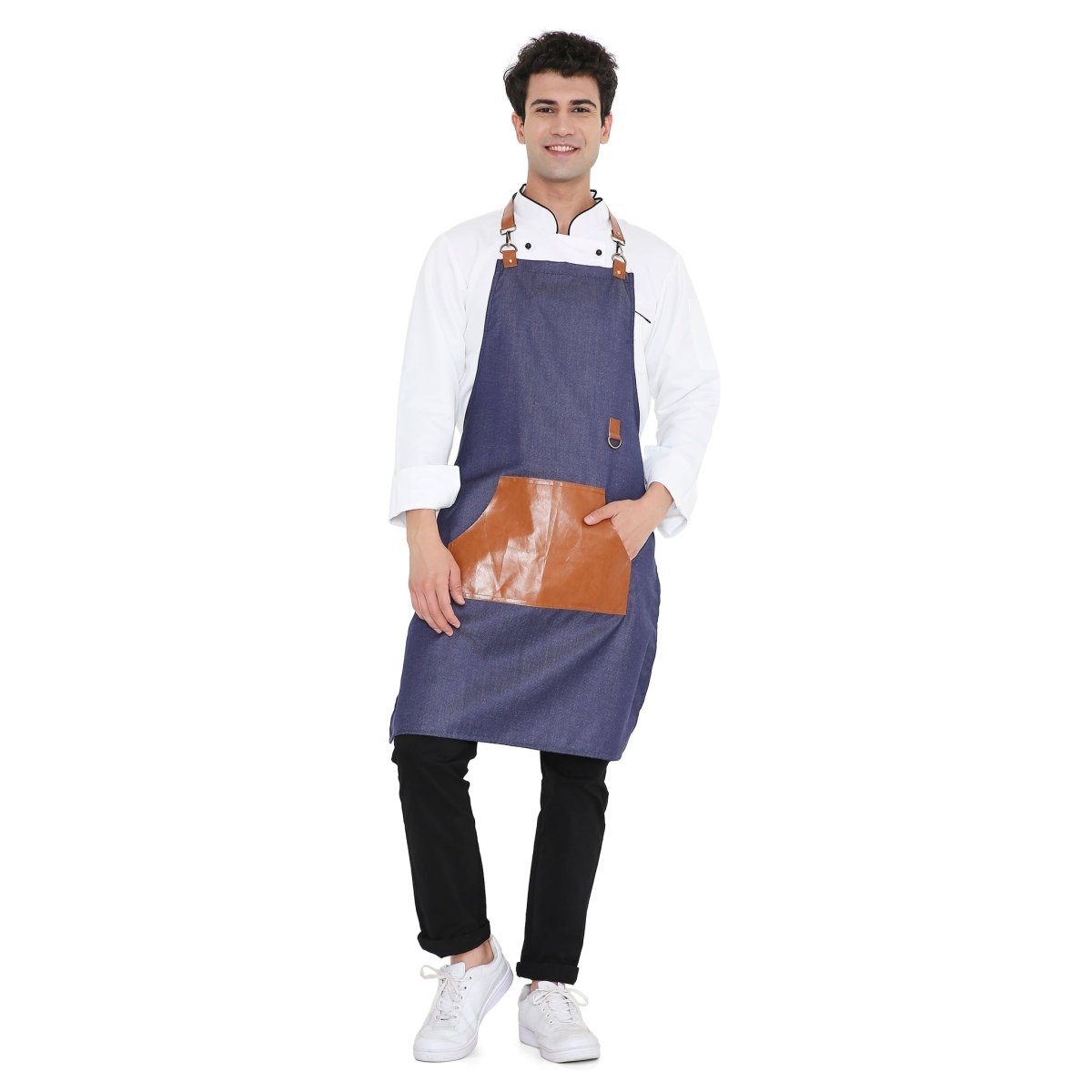 Blue leather apron back view showing waist tie