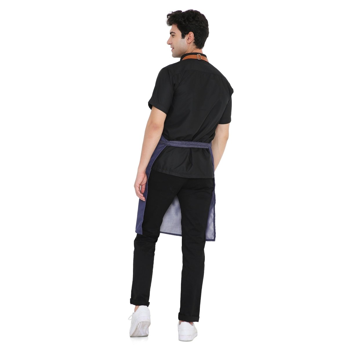 Blue leather apron brass buckle and strap close-up — adjustable fit