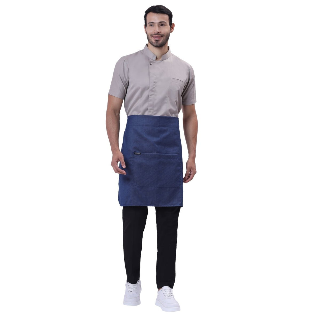 Classic blue denim apron back view showing tie knot