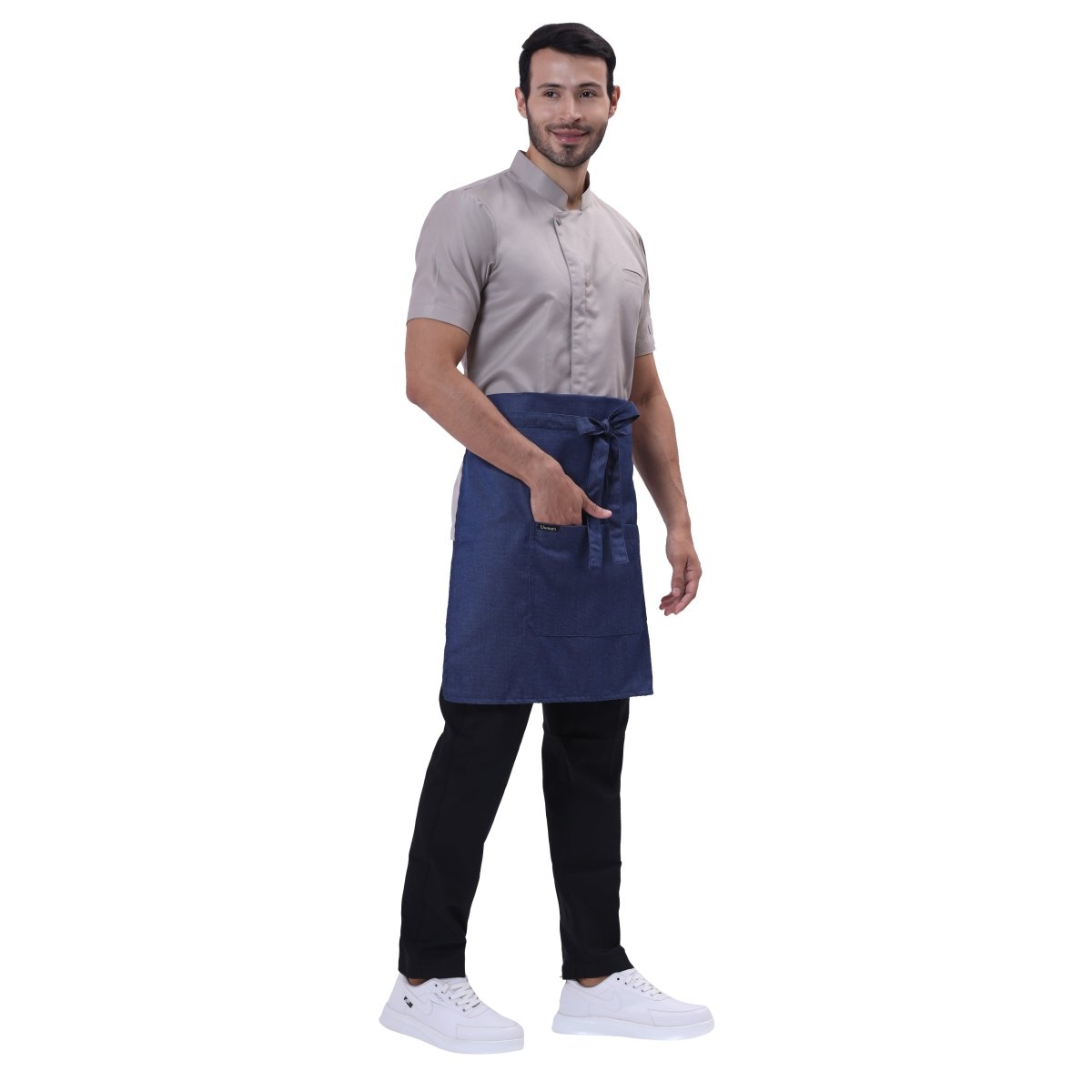Classic blue denim waist apron pocket detail — front pocket for order pad