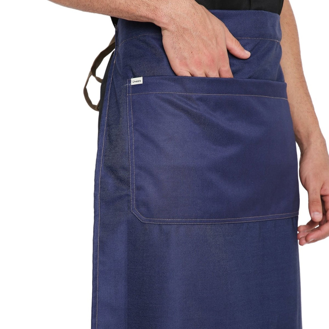 Dark blue brown denim apron flat lay — premium waiter uniform India