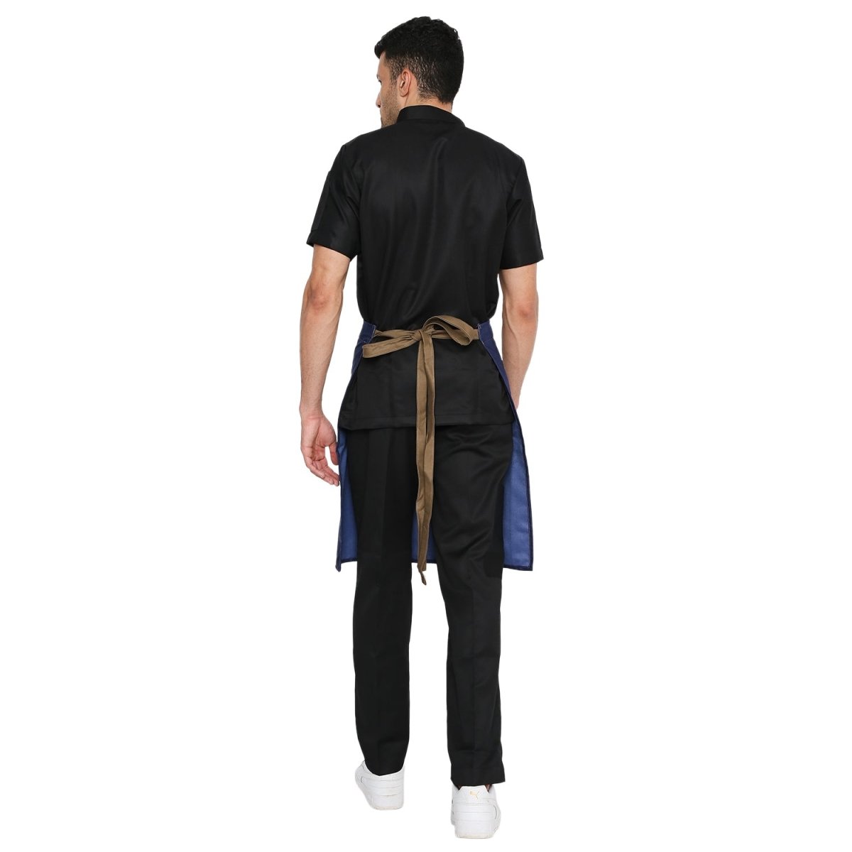 Dark blue brown denim apron back view showing tie knot