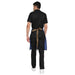 Dark blue brown denim apron back view showing tie knot
