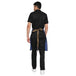 Dark blue brown denim apron back view showing tie knot