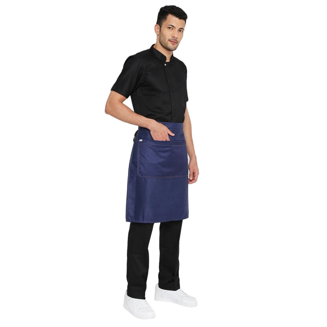 Custom embroidery on dark denim waist apron — free logo embroidery