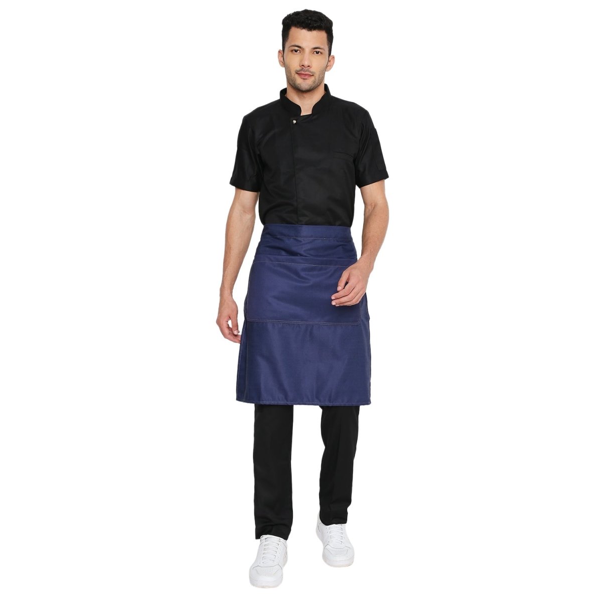 Dark denim waist apron pocket detail — front pocket for order pad