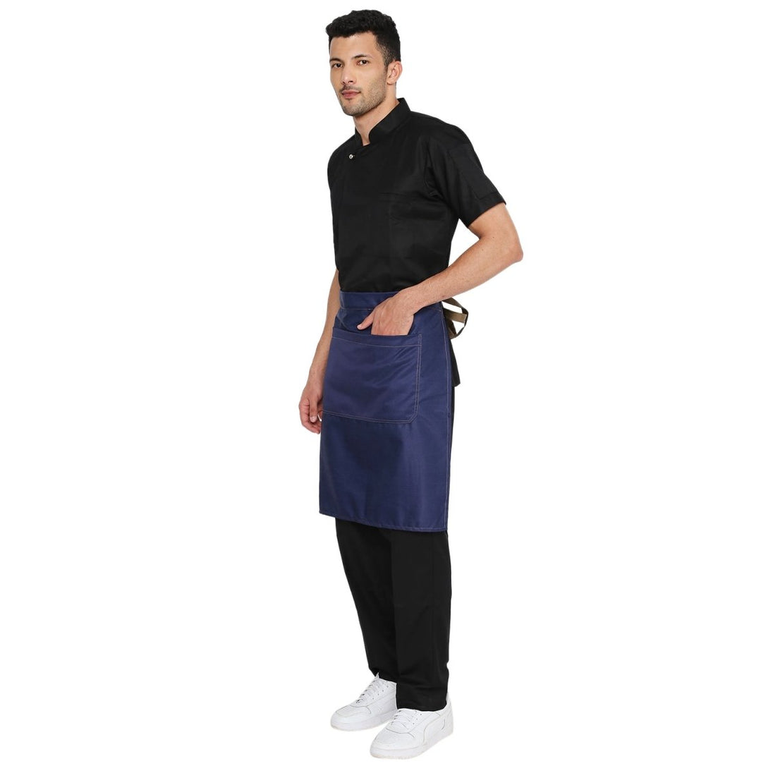 Dark blue brown denim service apron on model — cafe and restaurant uniform