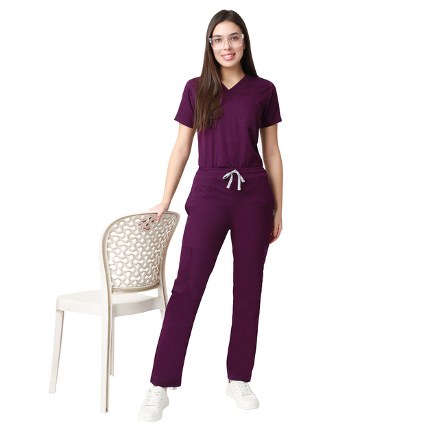 Women Deep Purple 2 way Stretch Water/Liquid Repellent Scrub Suit